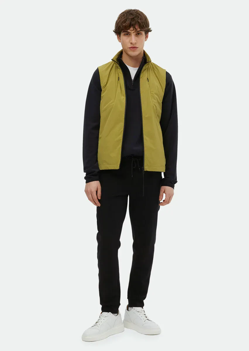 Oil Green Regular Fit Turtleneck Denim Weaving Puffer Vest - 2
