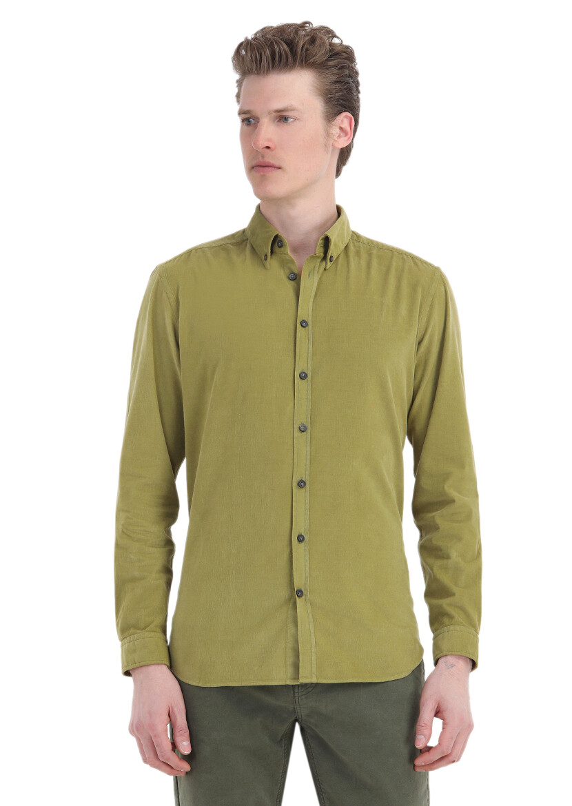 Oil Green Ribbed Regular Fit Long Weaving Casual 100% Cotton Shirt - 1