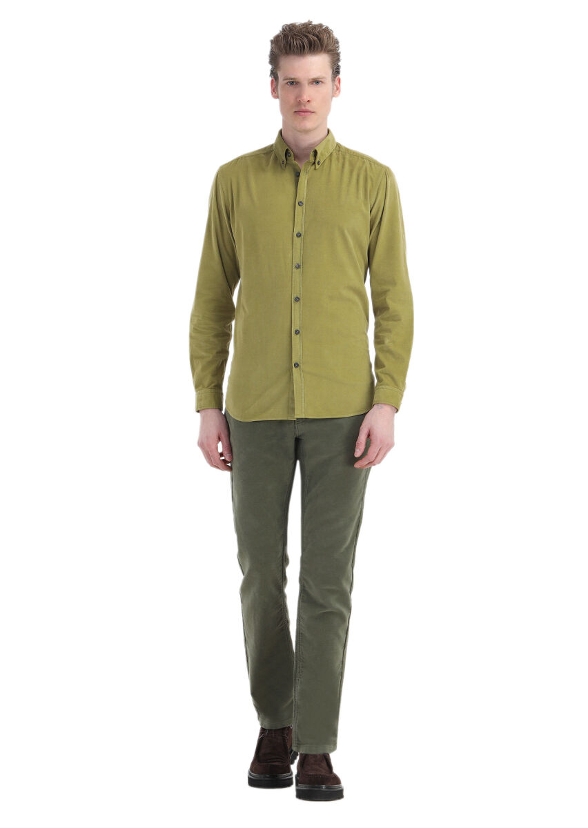 Oil Green Ribbed Regular Fit Long Weaving Casual 100% Cotton Shirt - 2