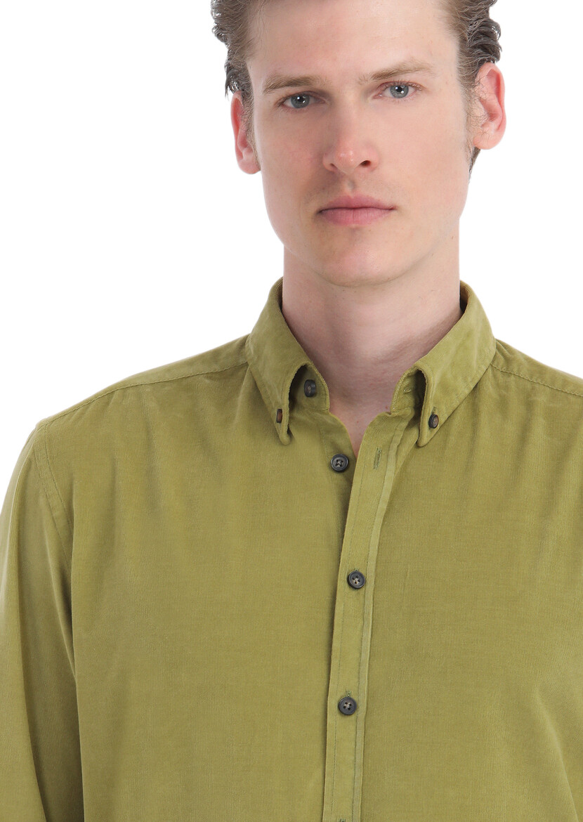 Oil Green Ribbed Regular Fit Long Weaving Casual 100% Cotton Shirt - 4
