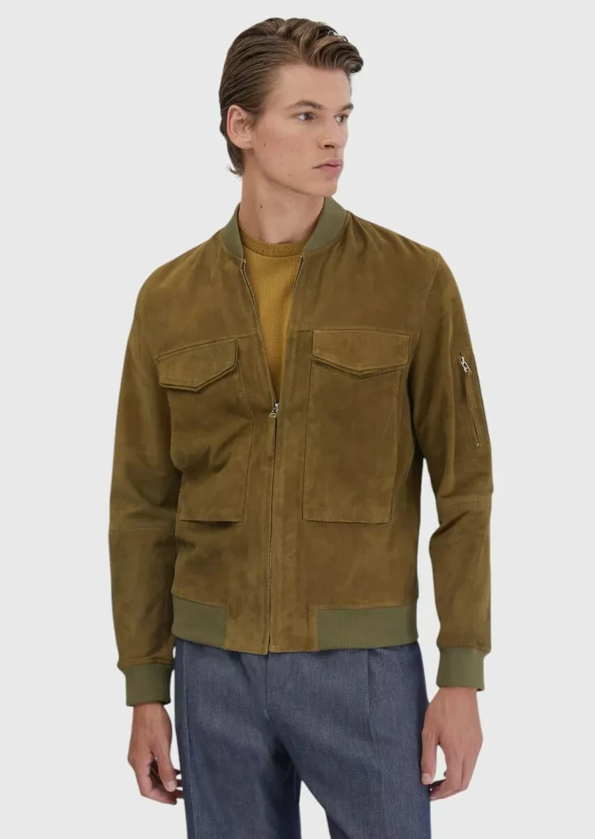Oil Green Turtleneck Casual Leather Coat - 1