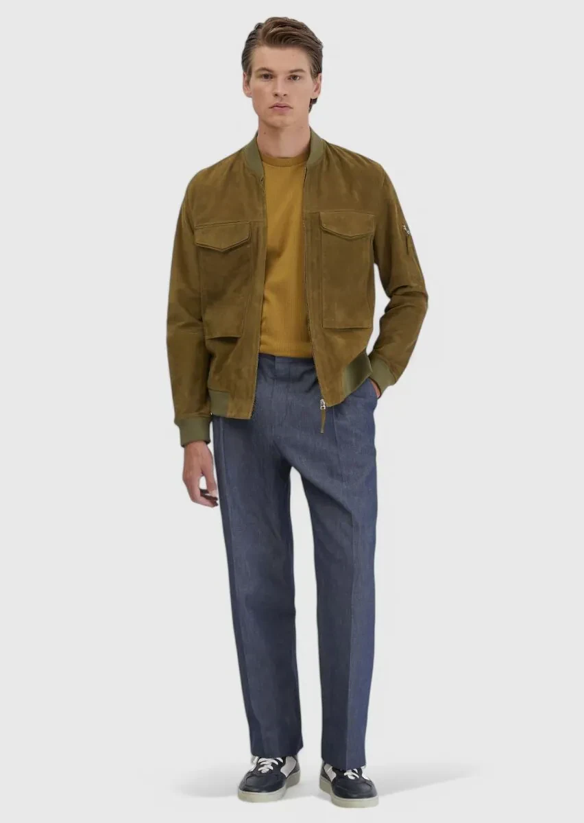 Oil Green Turtleneck Casual Leather Coat - 2