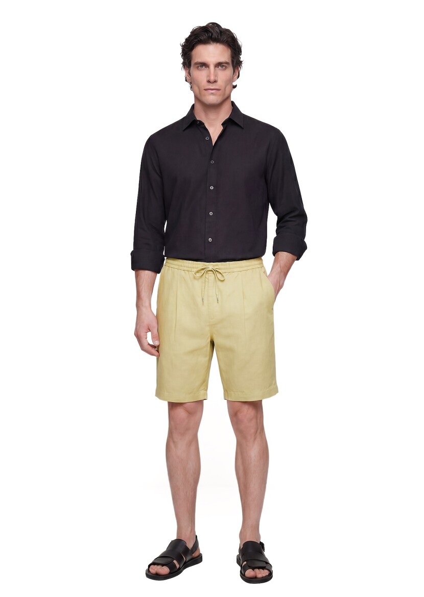 Oil Green Weaving Jogging Fit Casual Linen Blended Bermuda - 1