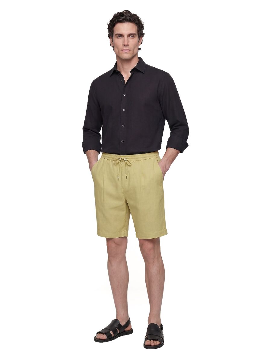 Oil Green Weaving Jogging Fit Casual Linen Blended Bermuda - 3