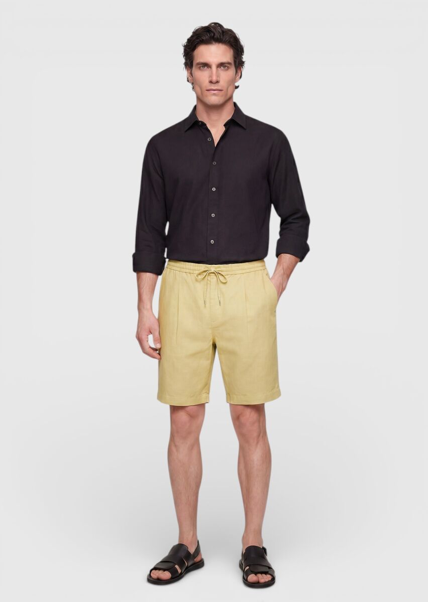 Oil Green Weaving Jogging Fit Casual Linen Blended Bermuda - 1