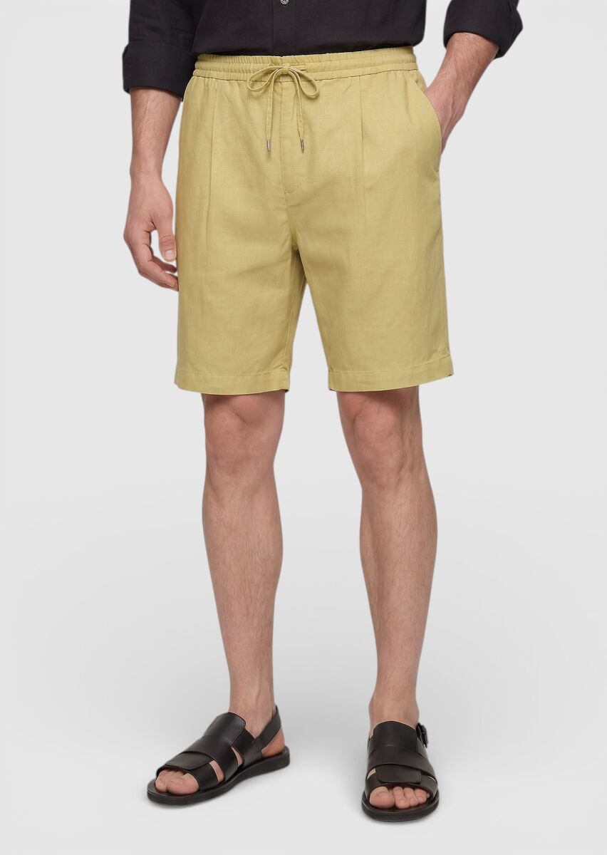 Oil Green Weaving Jogging Fit Casual Linen Blended Bermuda - 2