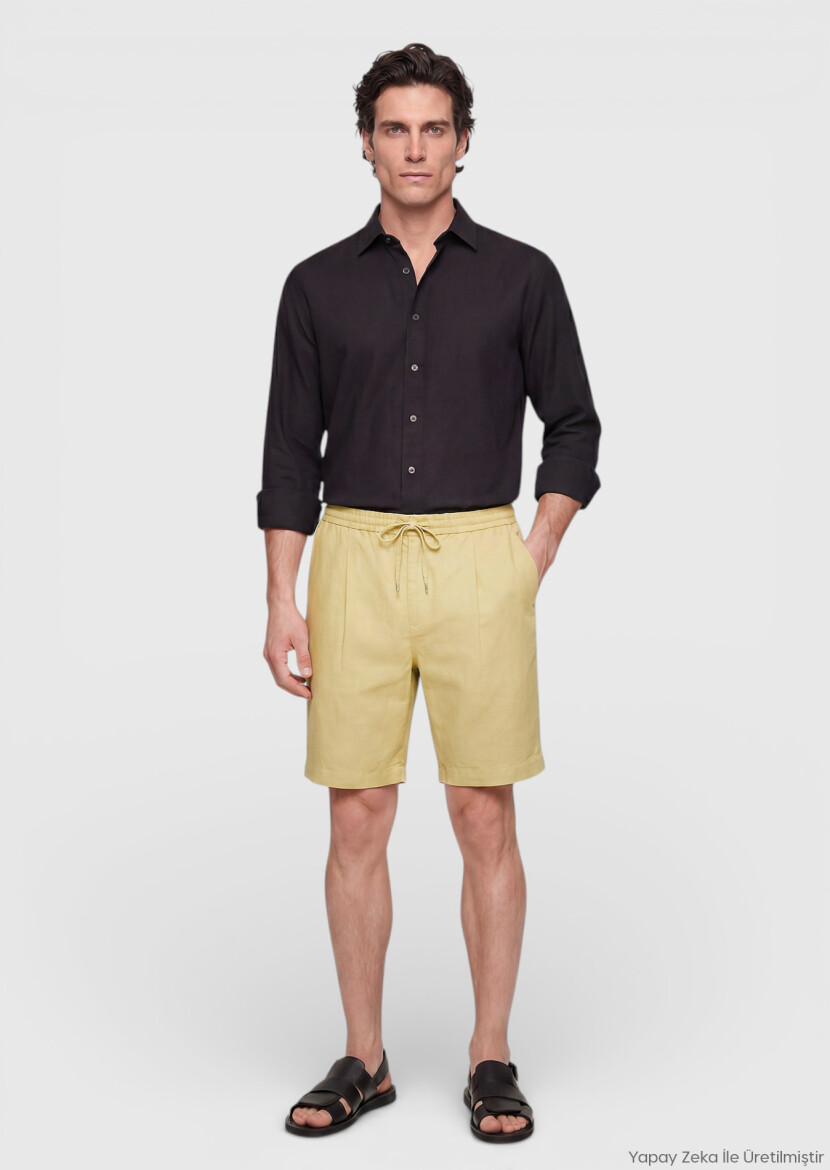 Oil Green Weaving Jogging Fit Casual Linen Blended Bermuda - RAMSEY