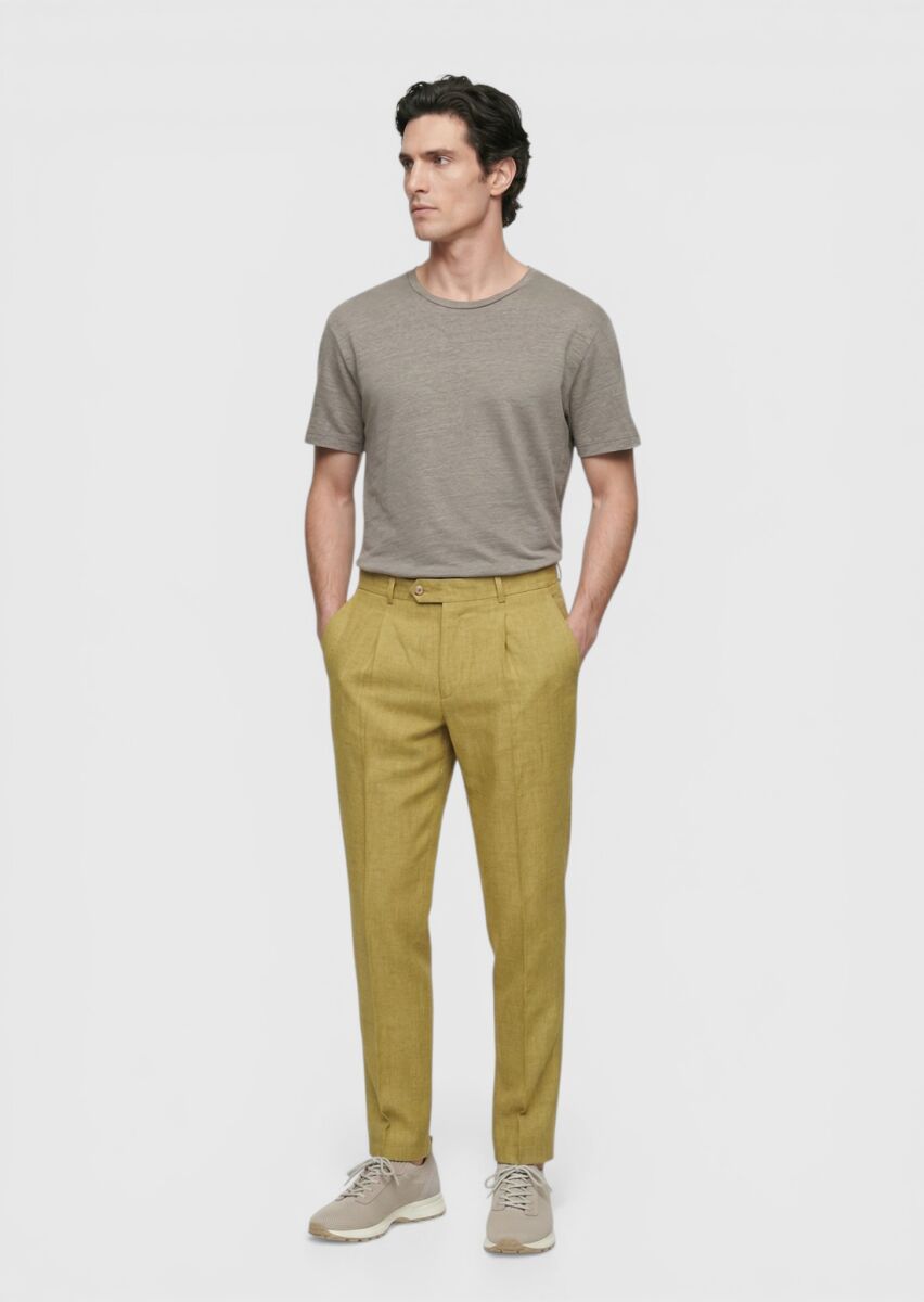 Oil Green Weaving Regular Fit Casual 100% Linen Trousers - 2