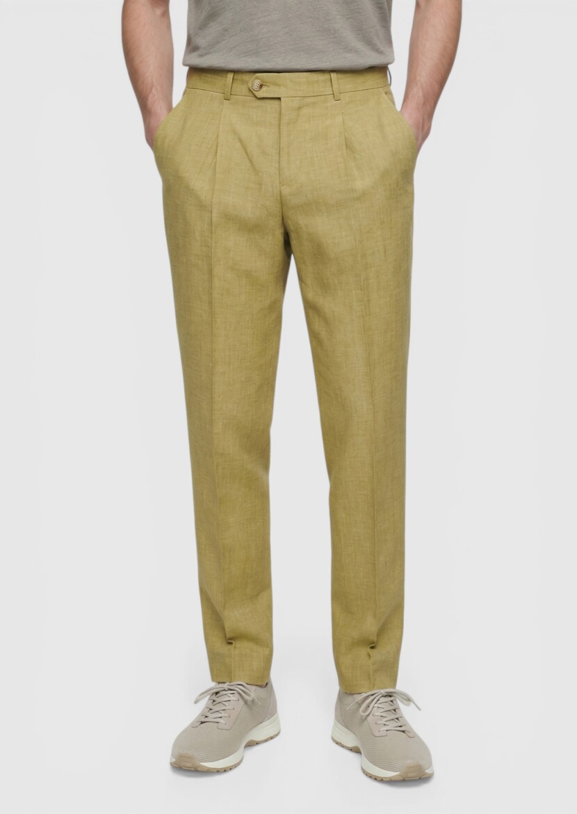 Oil Green Weaving Regular Fit Casual 100% Linen Trousers - 3