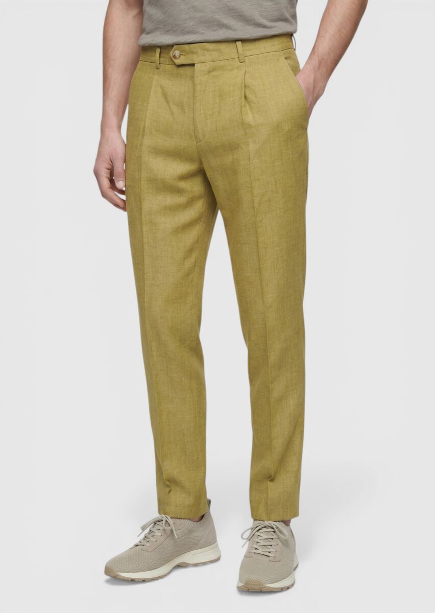 Oil Green Weaving Regular Fit Casual 100% Linen Trousers - 4