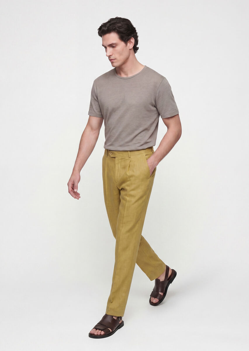 Oil Green Weaving Regular Fit Casual 100% Linen Trousers - 1