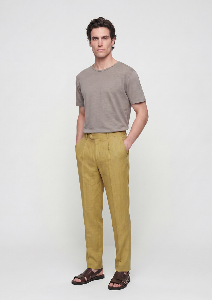 Oil Green Weaving Regular Fit Casual 100% Linen Trousers - RAMSEY