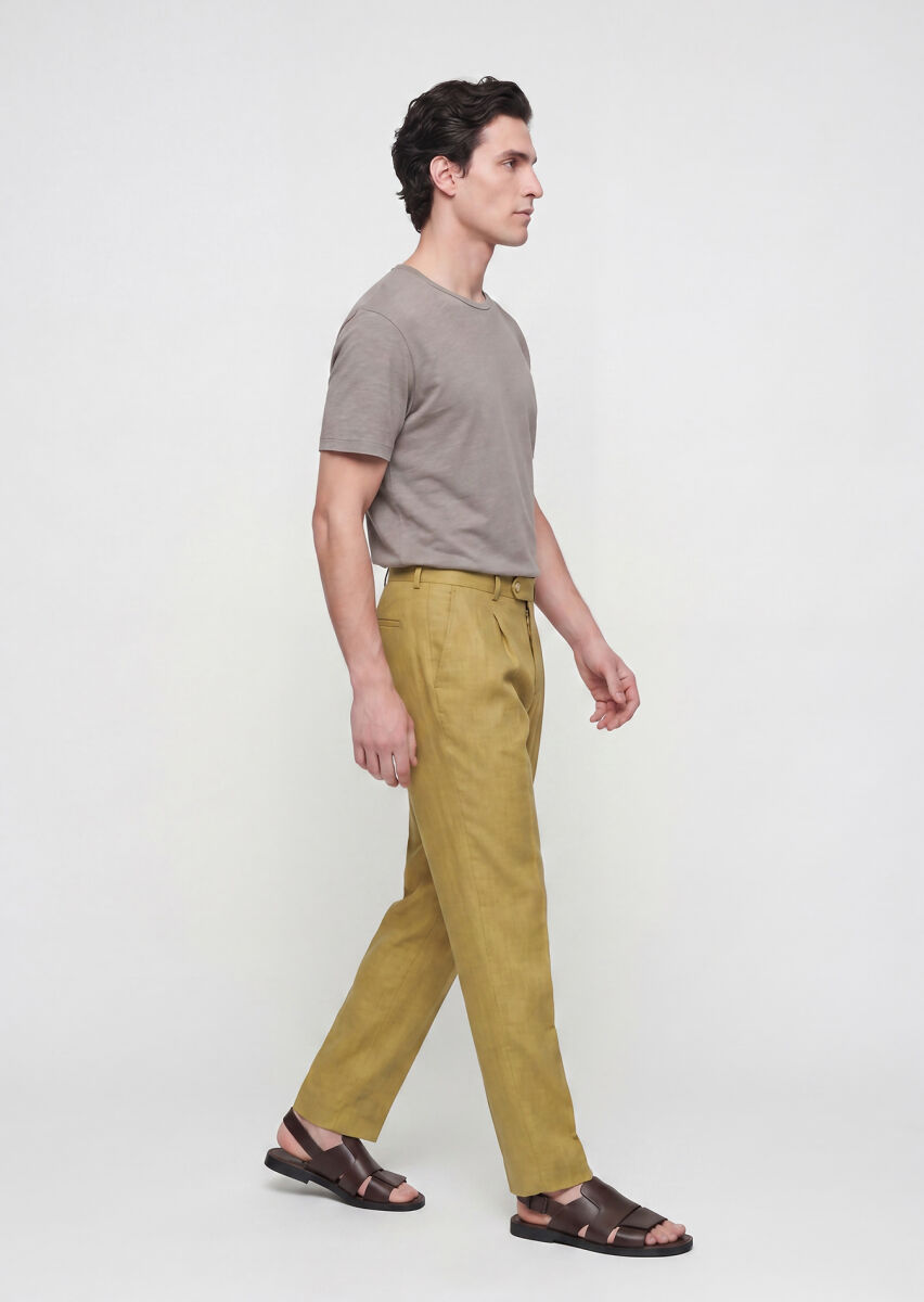 Oil Green Weaving Regular Fit Casual 100% Linen Trousers - 3