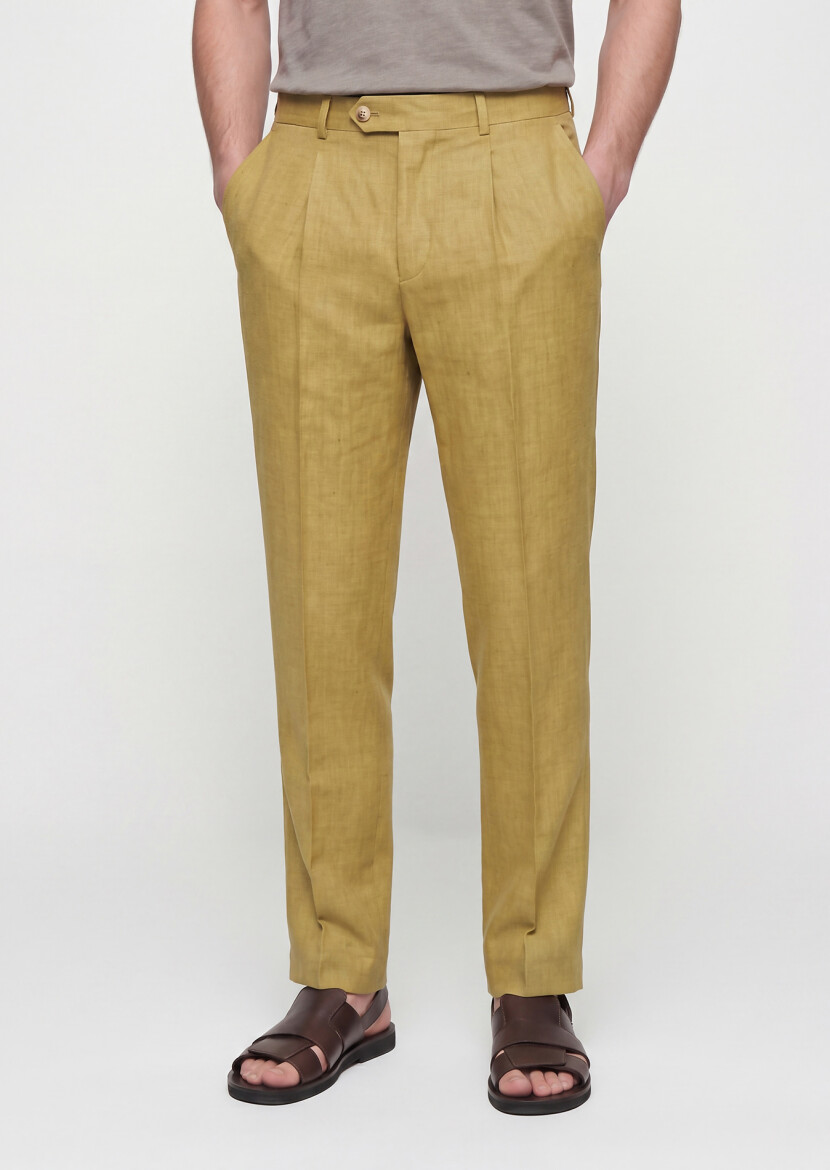 Oil Green Weaving Regular Fit Casual 100% Linen Trousers - 4
