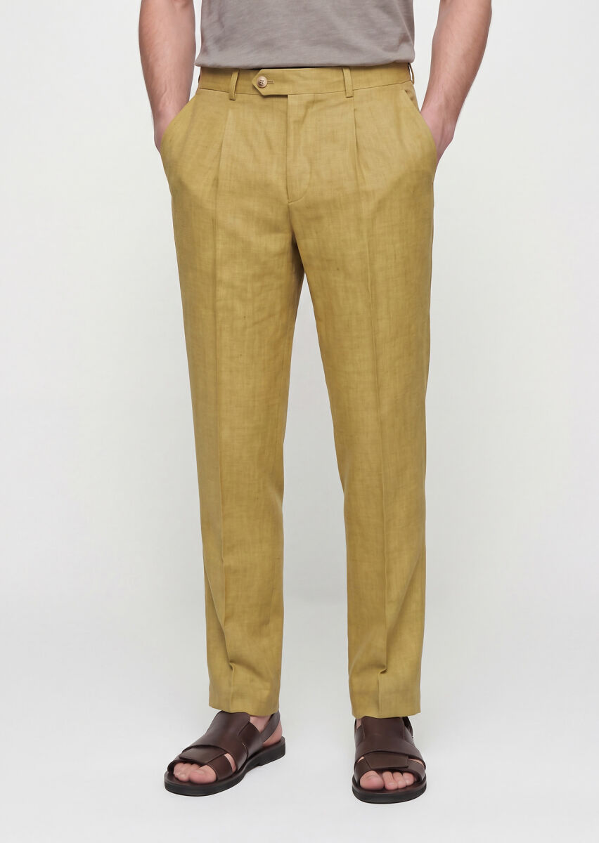 Oil Green Weaving Regular Fit Casual 100% Linen Trousers - 4