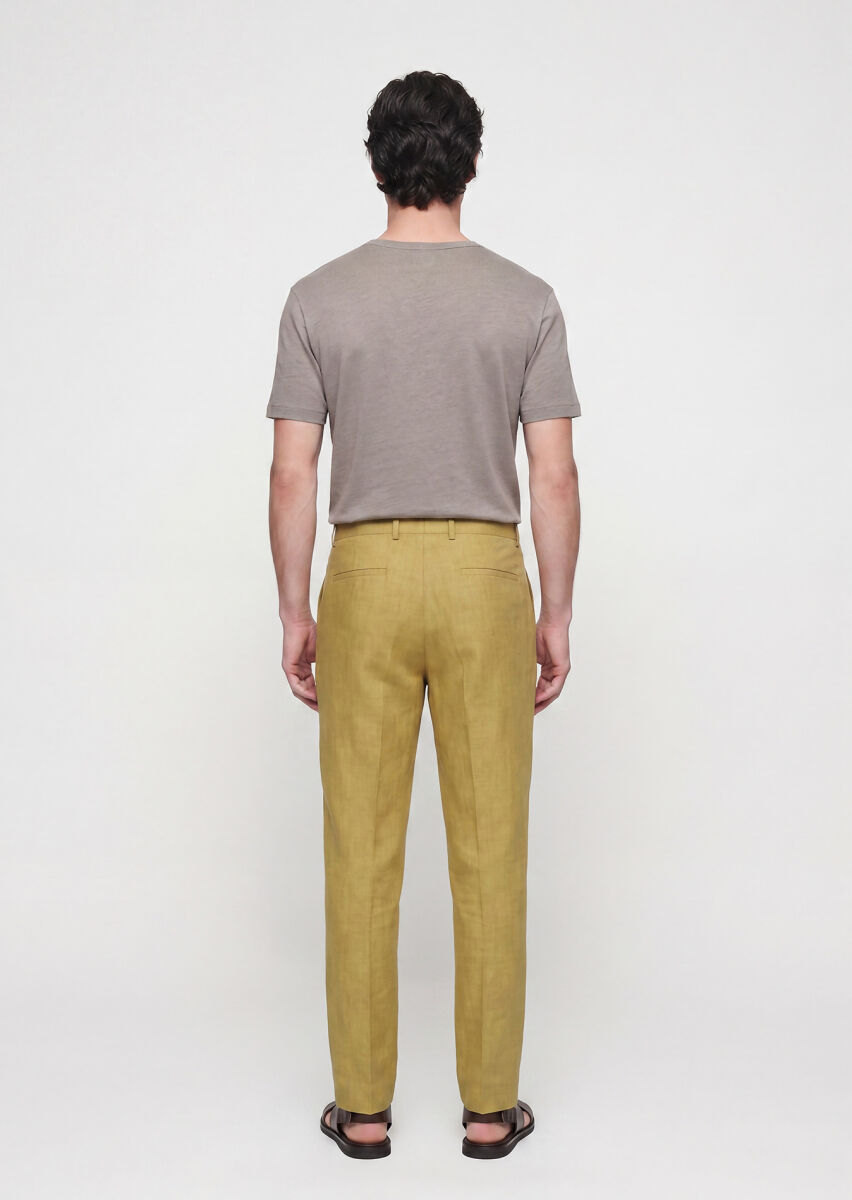 Oil Green Weaving Regular Fit Casual 100% Linen Trousers - 5
