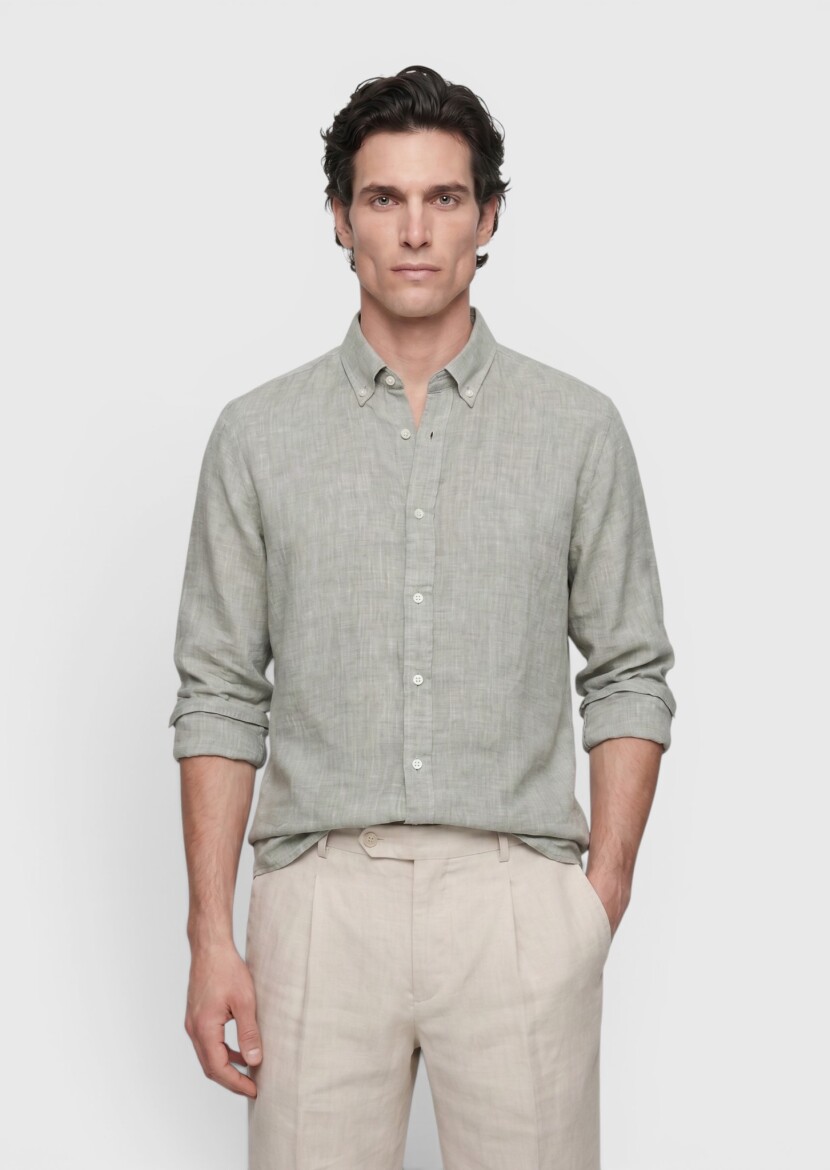 Olive Plain Casual Fit Long Weaving Casual 100% Linen Shirt - RAMSEY