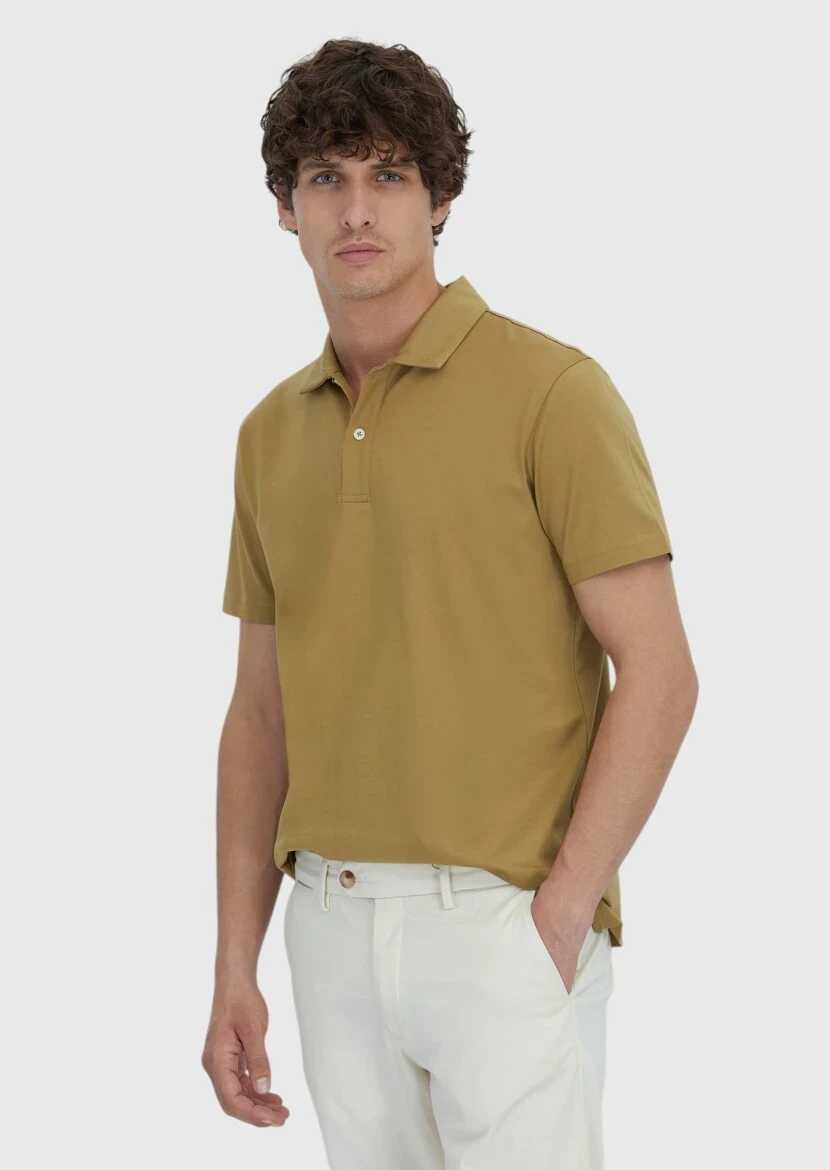 Olive Plain Polo Neck 100% Cotton T-Shirt - 1