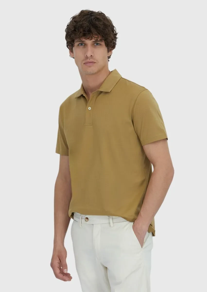 Olive Plain Polo Neck 100% Cotton T-Shirt - 1