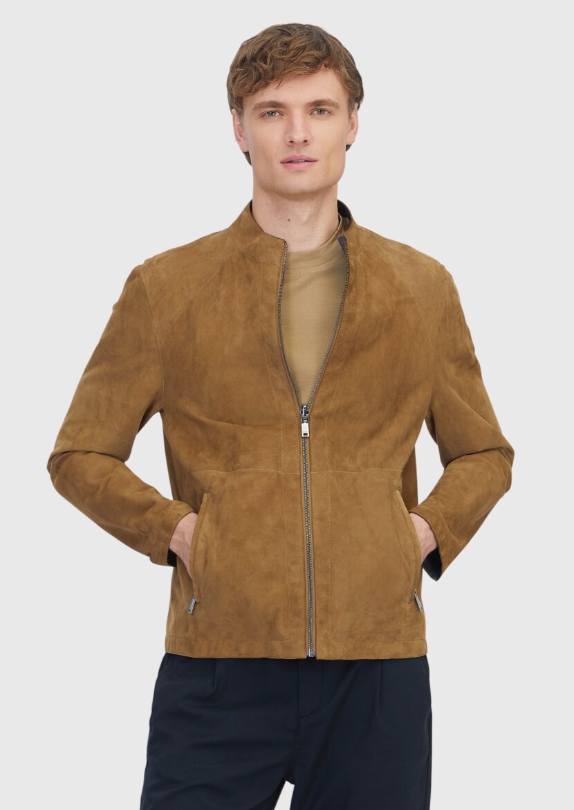 Olive Regular Fit Turtleneck Casual Double-Sided Leather Coat - RAMSEY