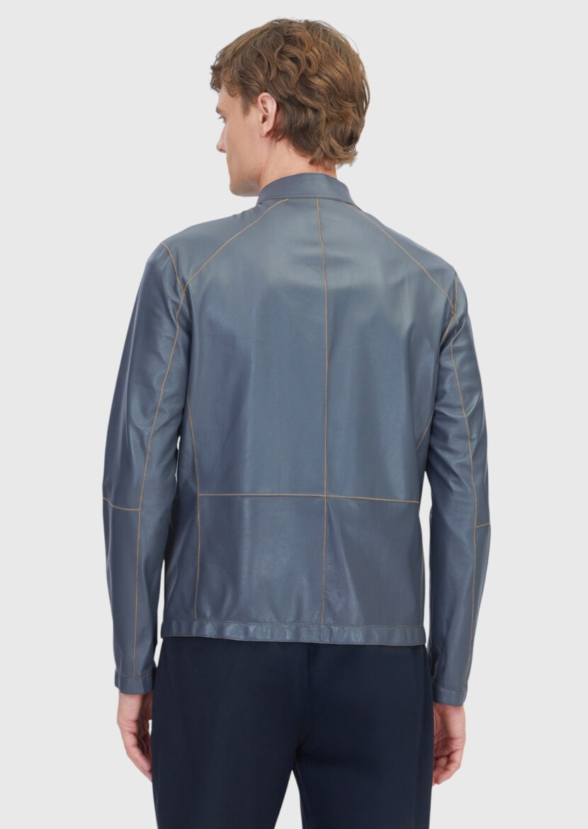 Olive Regular Fit Turtleneck Casual Double-Sided Leather Coat - 7