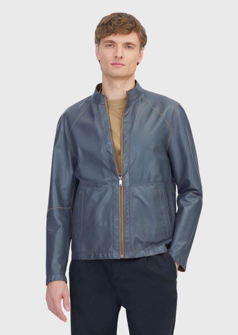 Olive Regular Fit Turtleneck Casual Double-Sided Leather Coat - 2