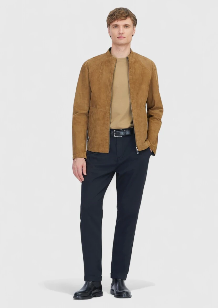 Olive Turtleneck Casual Double-Sided Leather Coat - 3