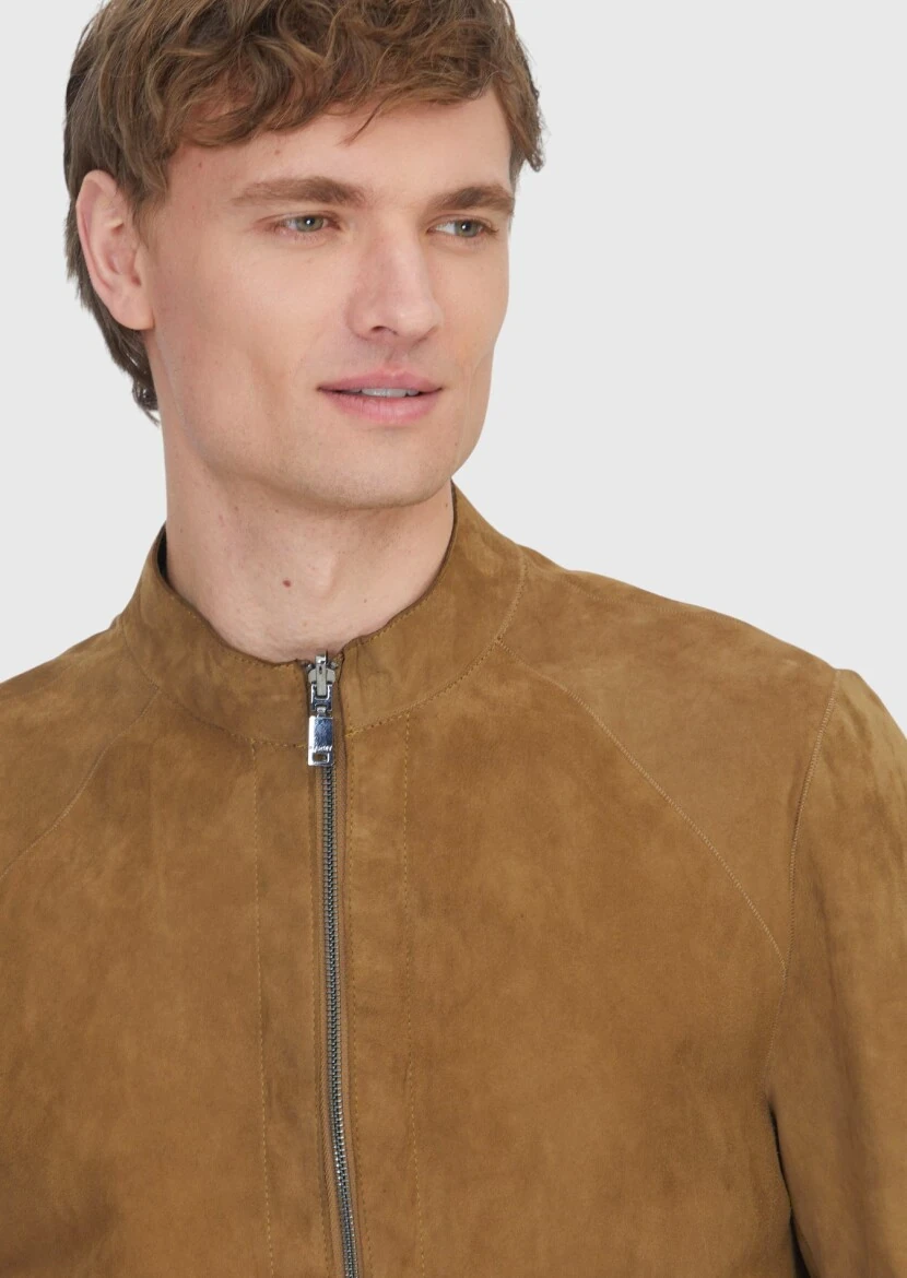 Olive Turtleneck Casual Double-Sided Leather Coat - 5