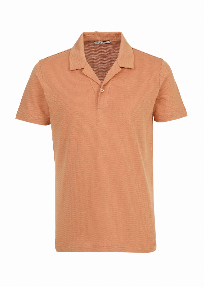 Orange Jacquard Cuban Collar 100% Cotton T-Shirt - 1