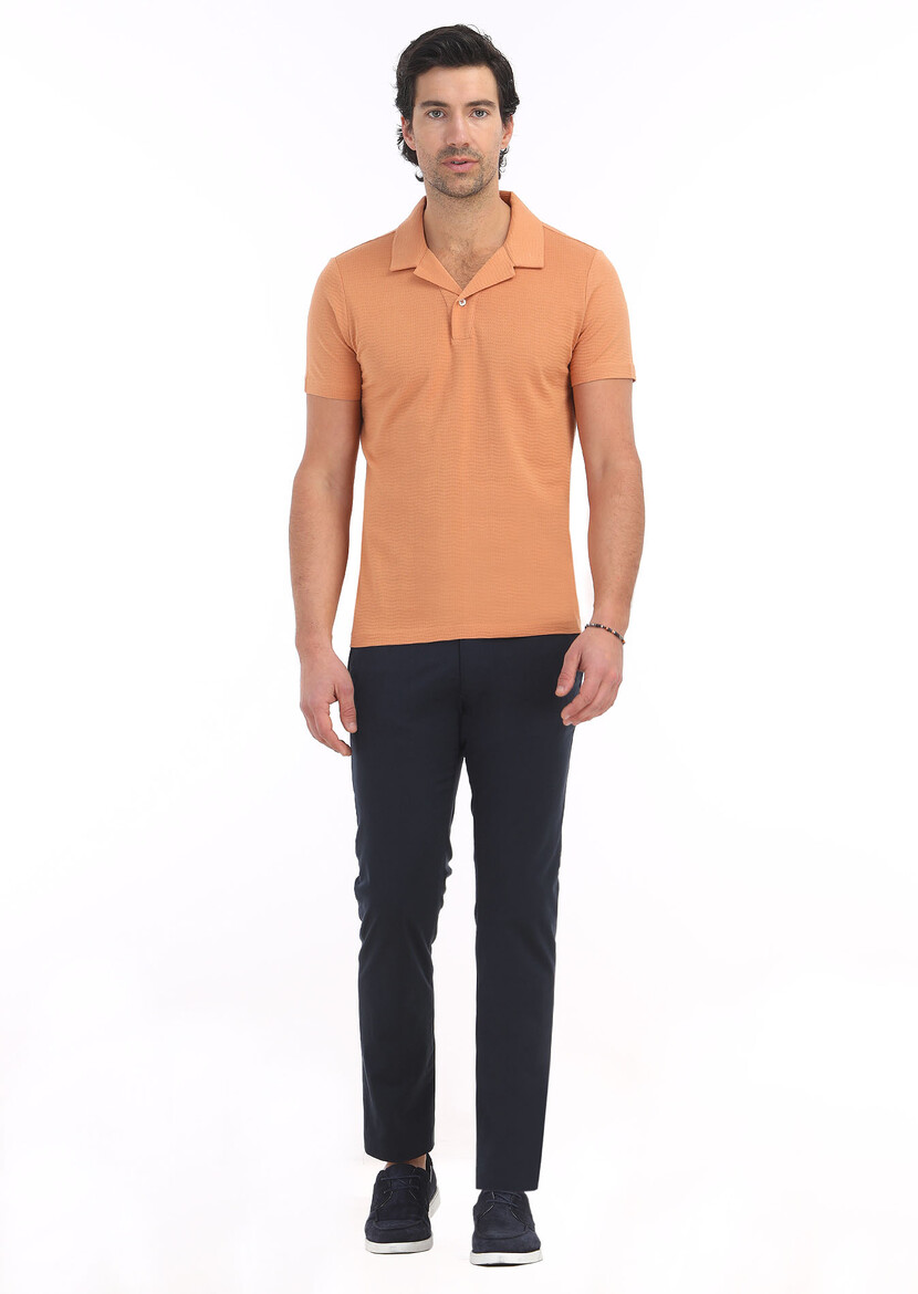 Orange Jacquard Cuban Collar 100% Cotton T-Shirt 