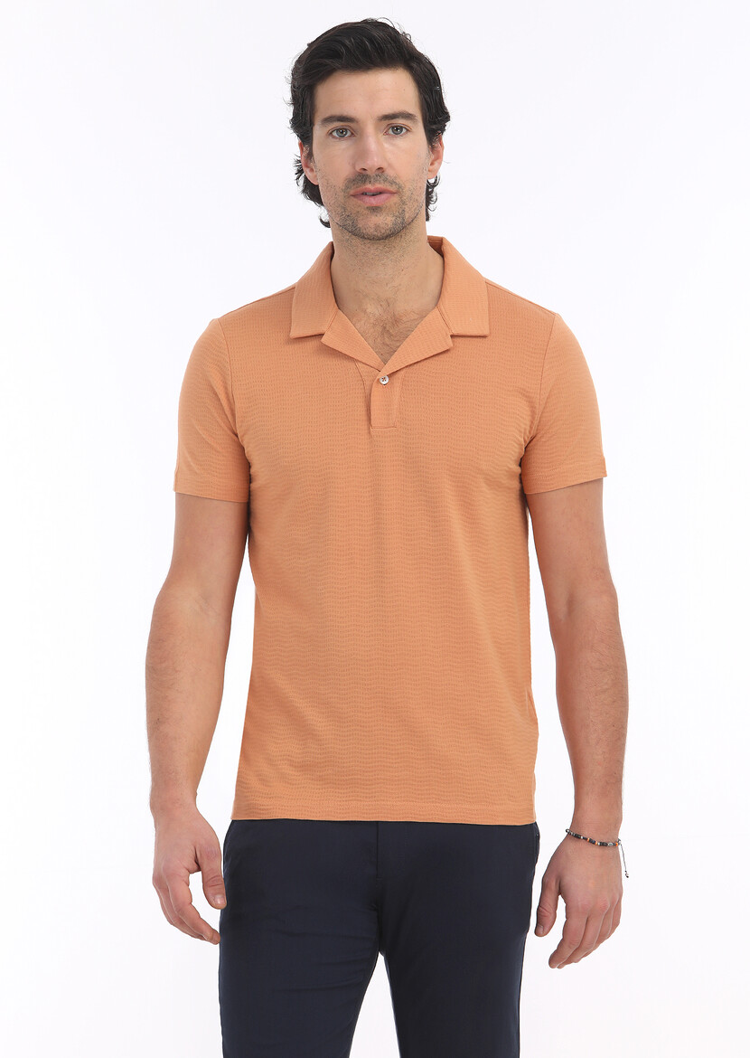 Orange Jacquard Cuban Collar 100% Cotton T-Shirt - 2