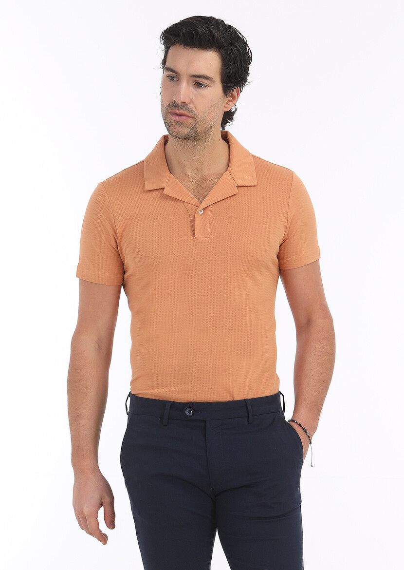 Orange Jacquard Cuban Collar 100% Cotton T-Shirt - 3