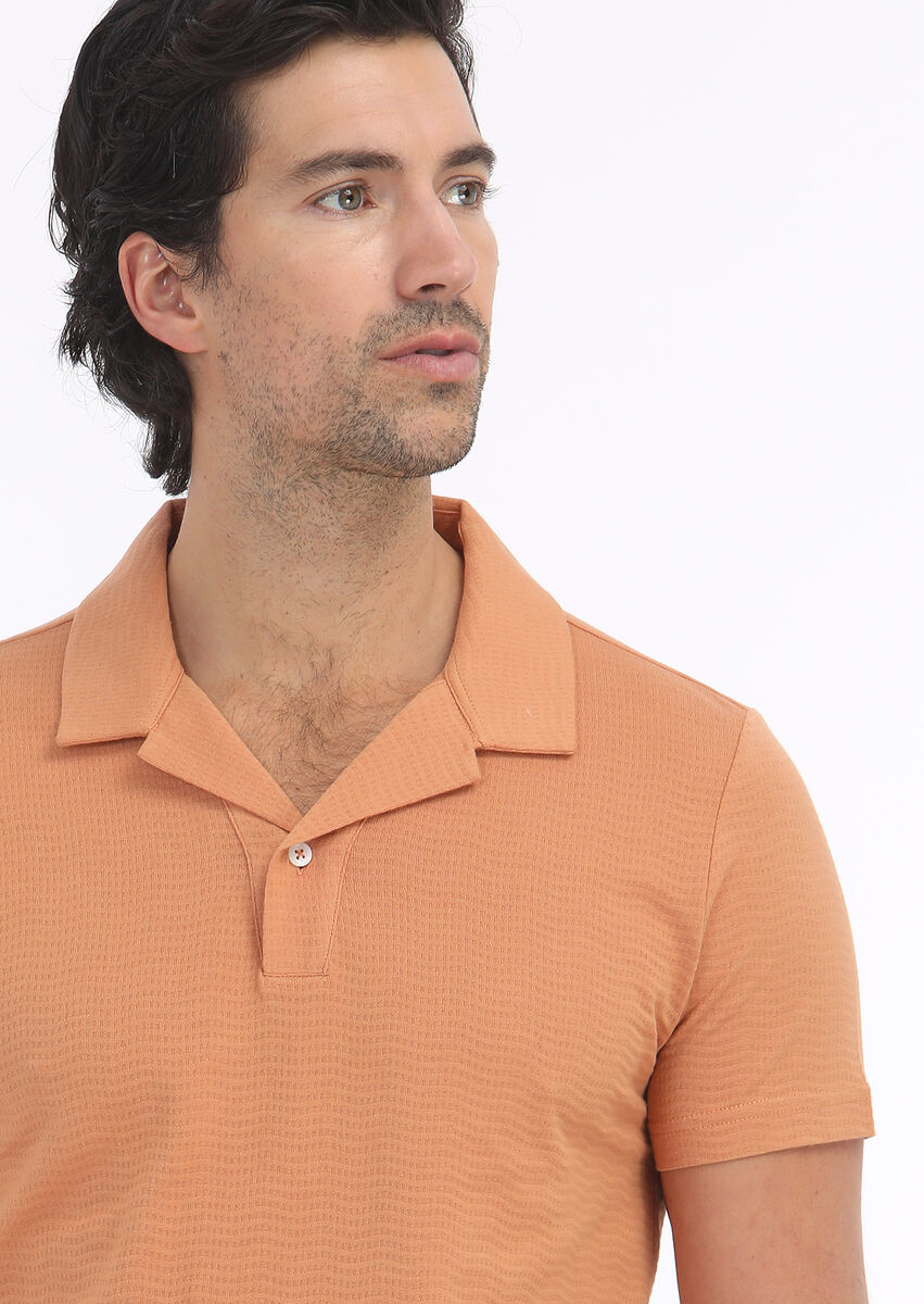 Orange Jacquard Cuban Collar 100% Cotton T-Shirt - 4