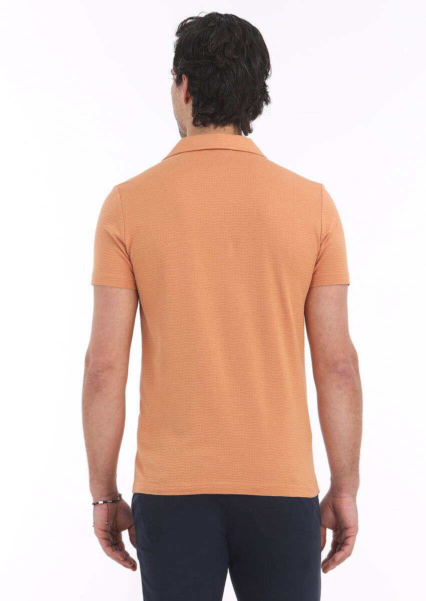 Orange Jacquard Cuban Collar 100% Cotton T-Shirt - 5