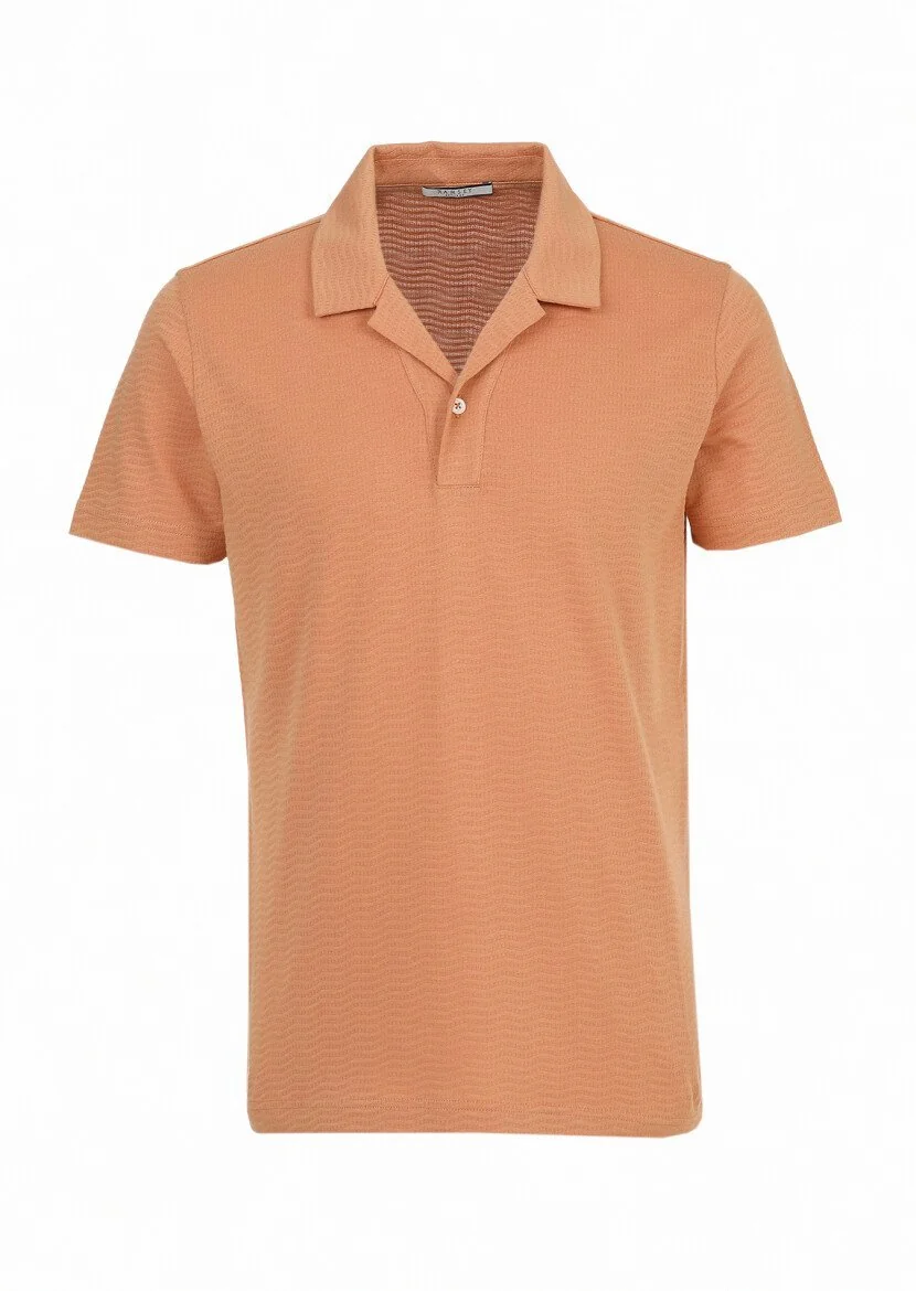 Orange Jacquard Cuban Collar 100% Cotton T-Shirt - 6