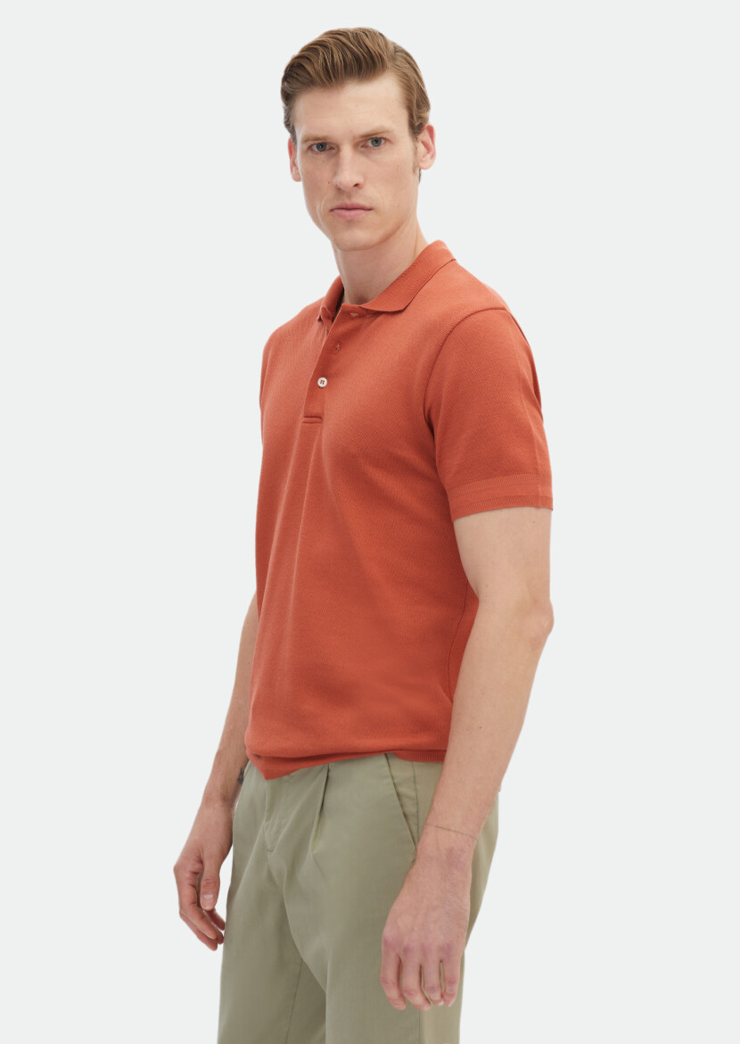 Orange Jacquard Polo Neck 100% Cotton T-Shirt - 3