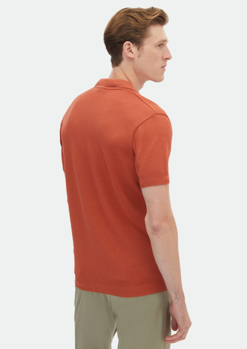 Orange Jacquard Polo Neck 100% Cotton T-Shirt - 5