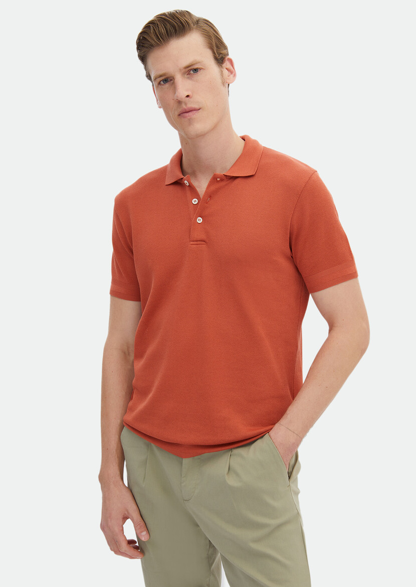 Orange Jacquard Polo Neck 100% Cotton T-Shirt 