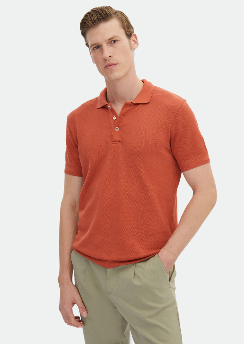 Orange Jacquard Polo Neck 100% Cotton T-Shirt - 1