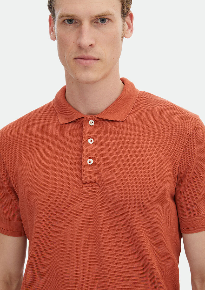 Orange Jacquard Polo Neck 100% Cotton T-Shirt - 4