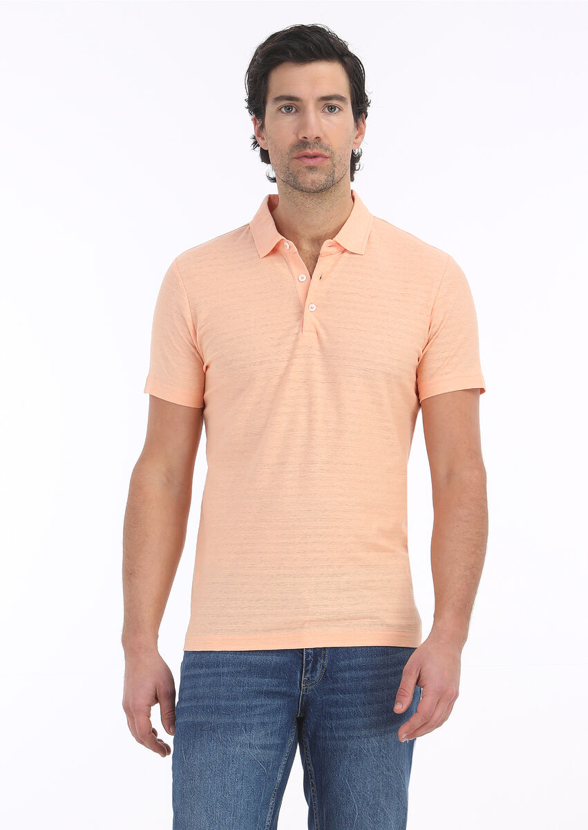 Orange Jacquard Polo Neck Cotton Blended T-Shirt - 2