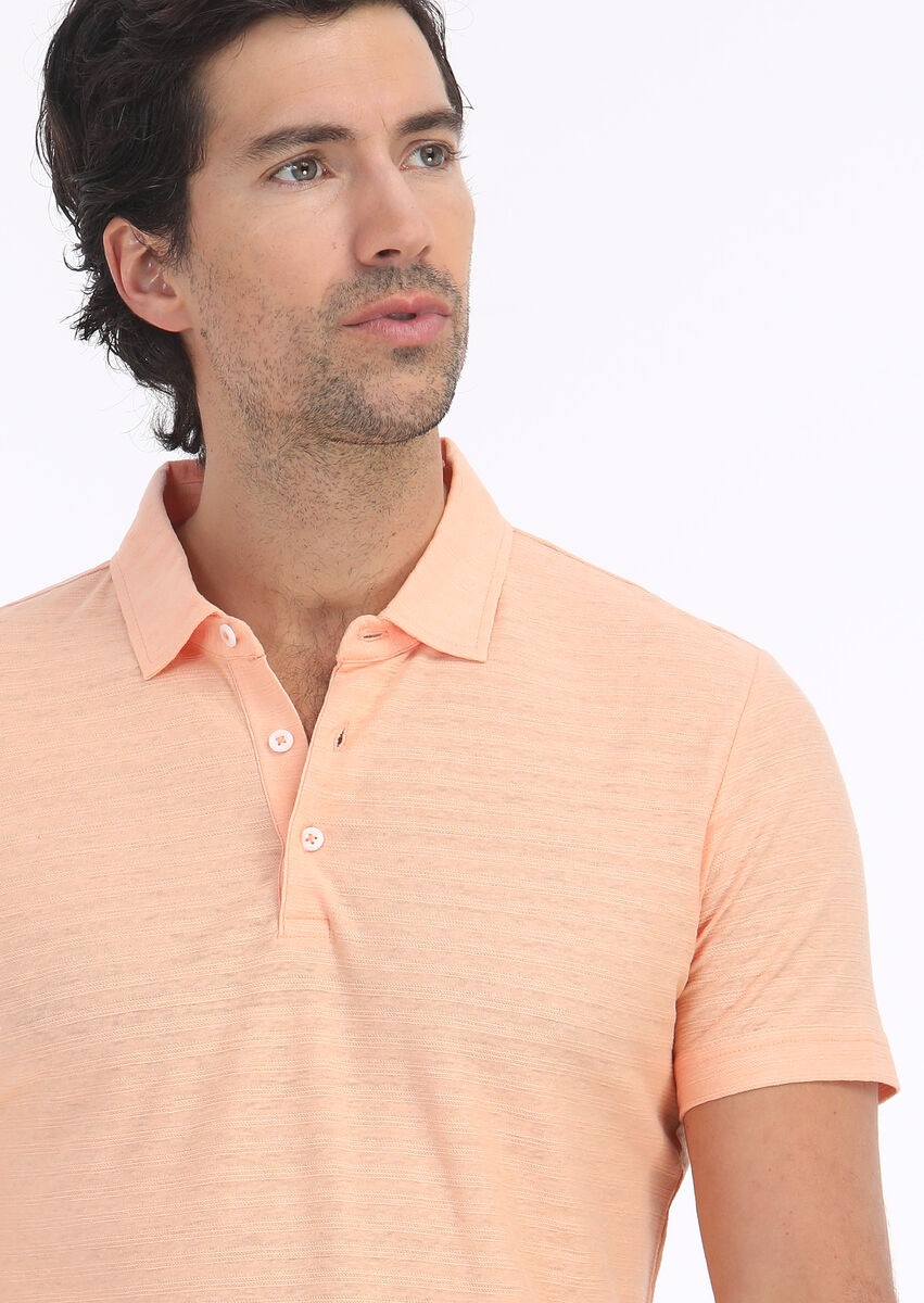 Orange Jacquard Polo Neck Cotton Blended T-Shirt - 3