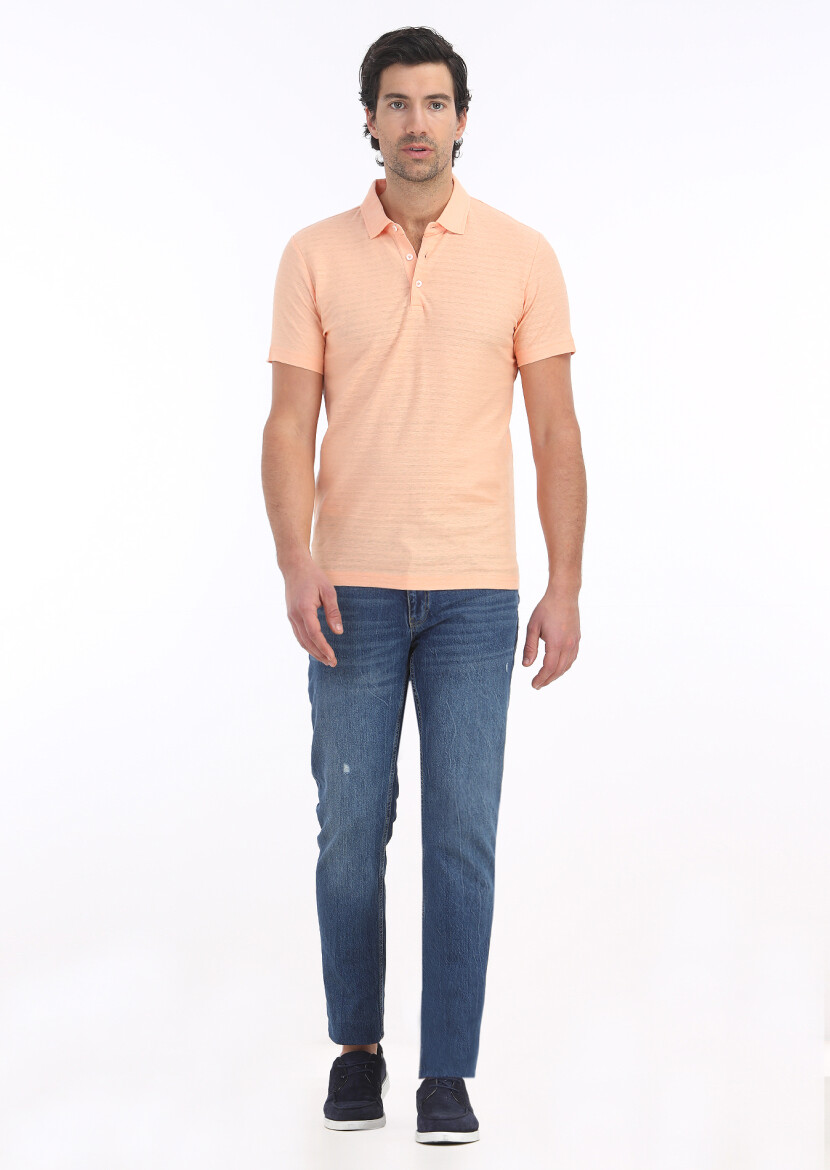 Orange Jacquard Polo Neck Cotton Blended T-Shirt 