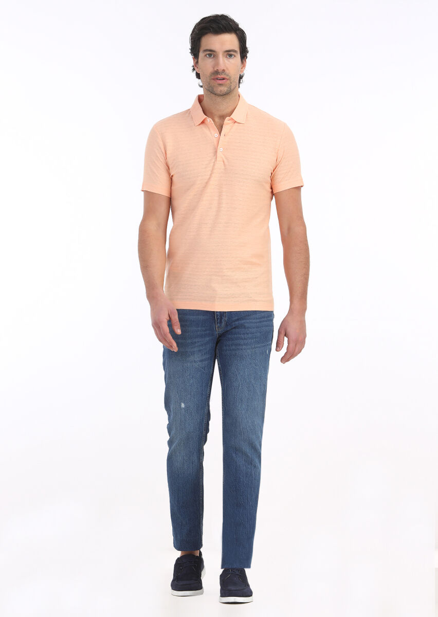 Orange Jacquard Polo Neck Cotton Blended T-Shirt - 1