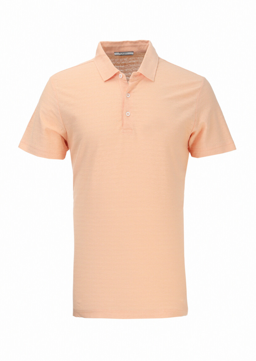 Orange Jacquard Polo Neck Cotton Blended T-Shirt - 5