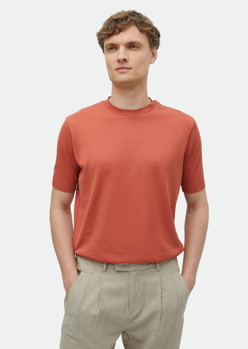 Orange Plain Crew Neck 100% Cotton T-Shirt 