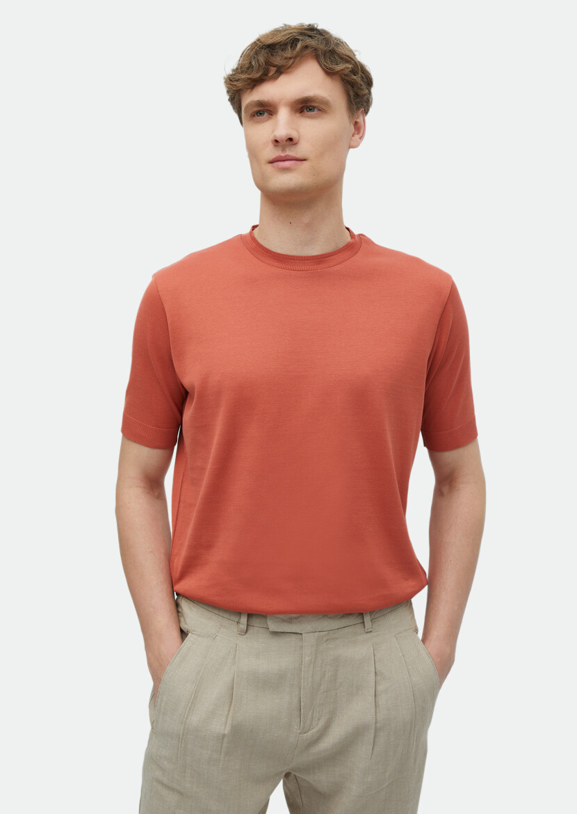 Orange Plain Crew Neck 100% Cotton T-Shirt - 1