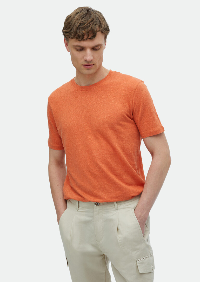 Orange Plain Crew Neck 100% Linen T-Shirt 