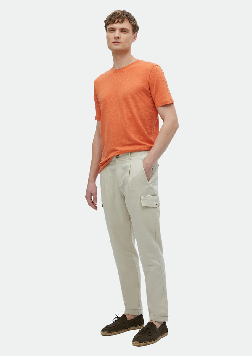 Orange Plain Crew Neck 100% Linen T-Shirt - 2