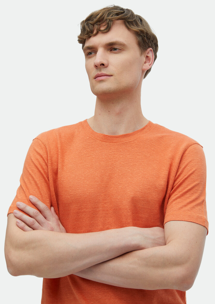 Orange Plain Crew Neck 100% Linen T-Shirt - 3